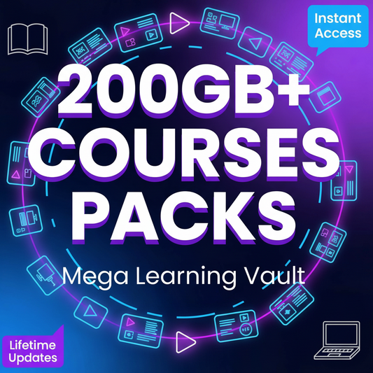 Promotional graphic for 200GB+ courses packs with digital icons and text on a dark background.